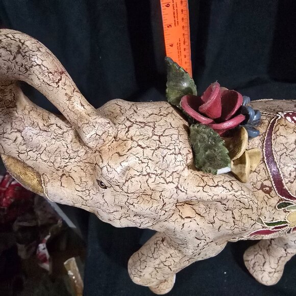 Decorative Hand-Painted Elephant Figurine With Floral Accents & Crackled Texture - Picture 6 of 9